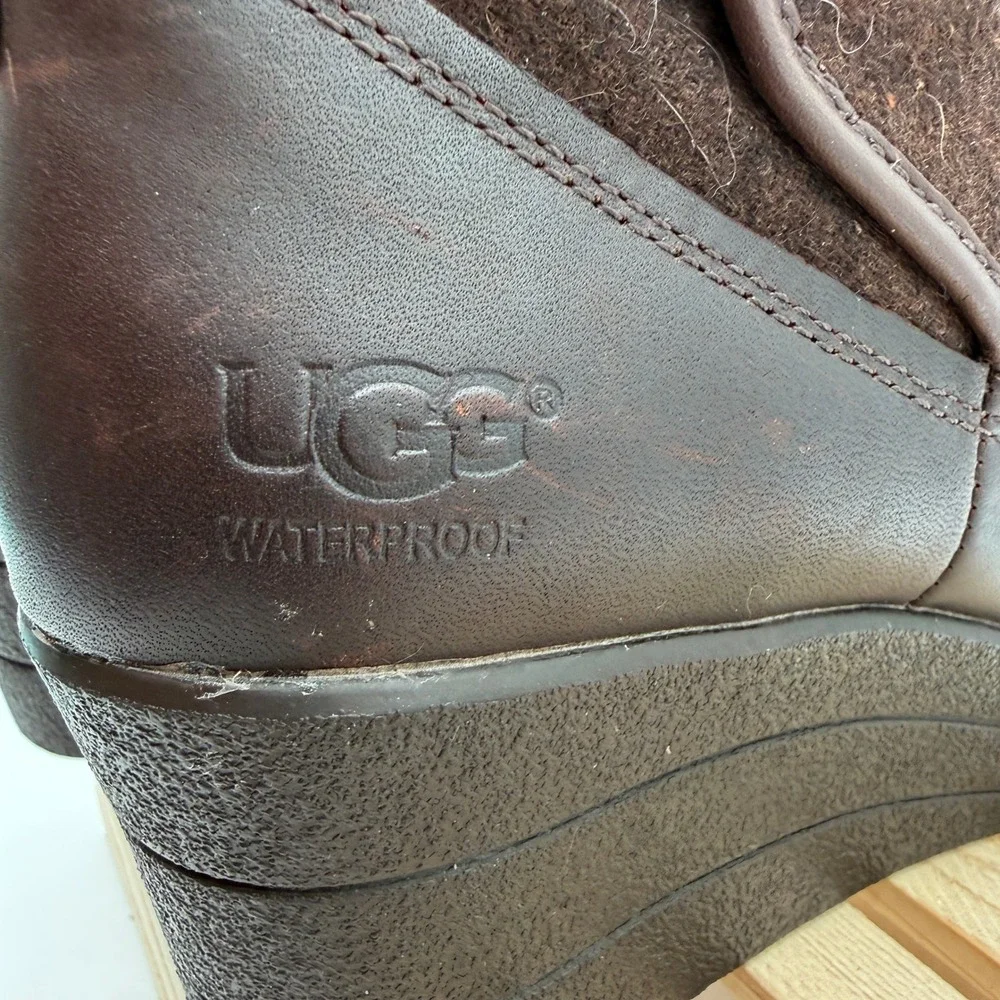 UGG Wedge Boots Emalie Waterproof Leather Wool Dark Brown Womens‎ 8